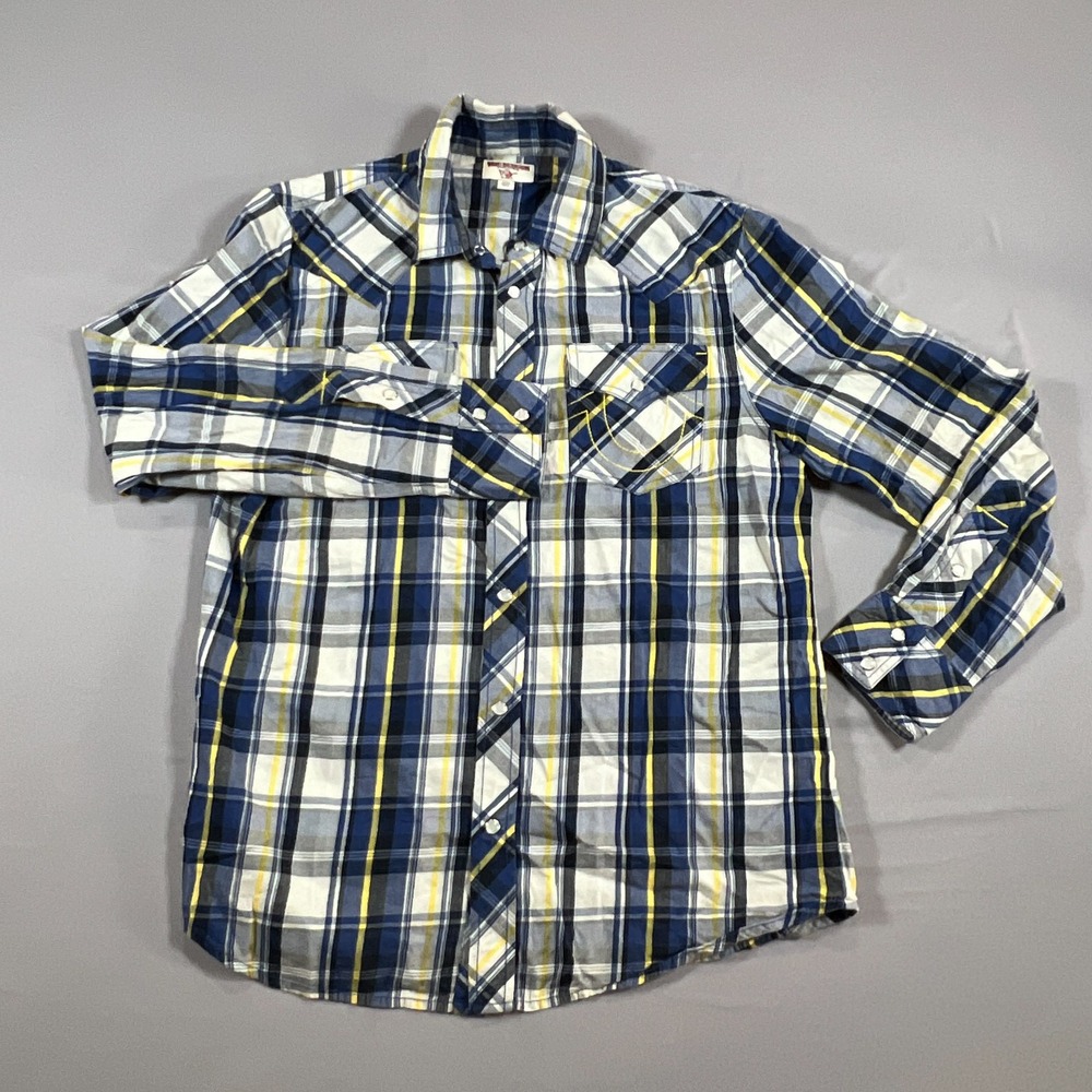 True Religion Flannel Western Shirt Mens Medium Multi Plaid Pearl Snap Button Up
